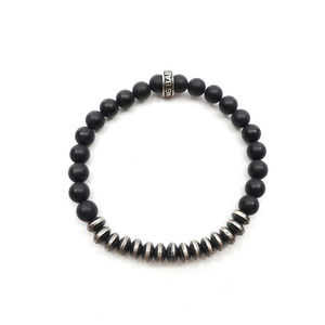 King Baby 8MM Onyx Bead Bracelet Silver Disk Beads Fine Silver .925 Large 7.75"
